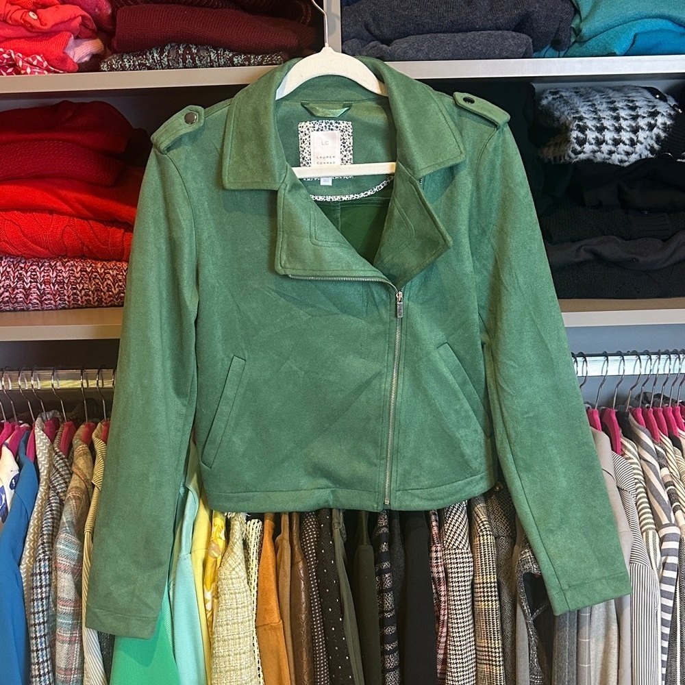 Lauren Conrad green faux suede 2 pocket moto jacket size XS